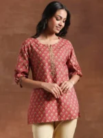 Pink Printed Cotton Straight Kurti - Image 2