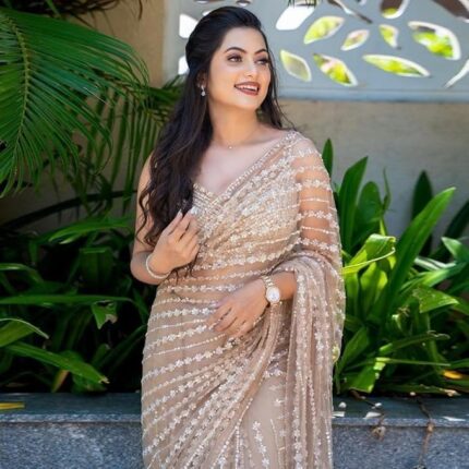 Saree For Women's And Girls Net Fabric Saree With Fancy Sequance Embroidery Work With Feather Lace In Pallu
